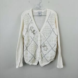 Victoria Jones White Knit Floral Button Up Cardigan Women’s Size M